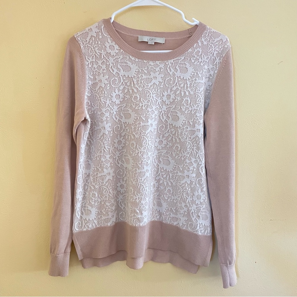 LOFT Long Sleeve Sweater Tan w/White Lace overlay Sz-M
